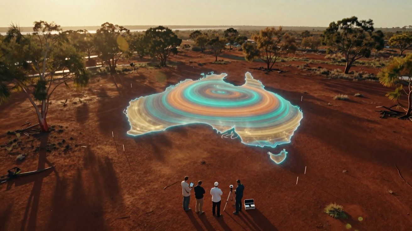 Quatro pessoas observam um holograma colorido do mapa da Austrália num terreno árido com árvores dispersas.