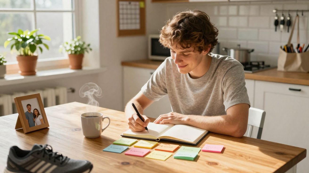 Jovem sentado à mesa na cozinha a estudar com caderno aberto, post-its coloridos e chá quente fumegante.