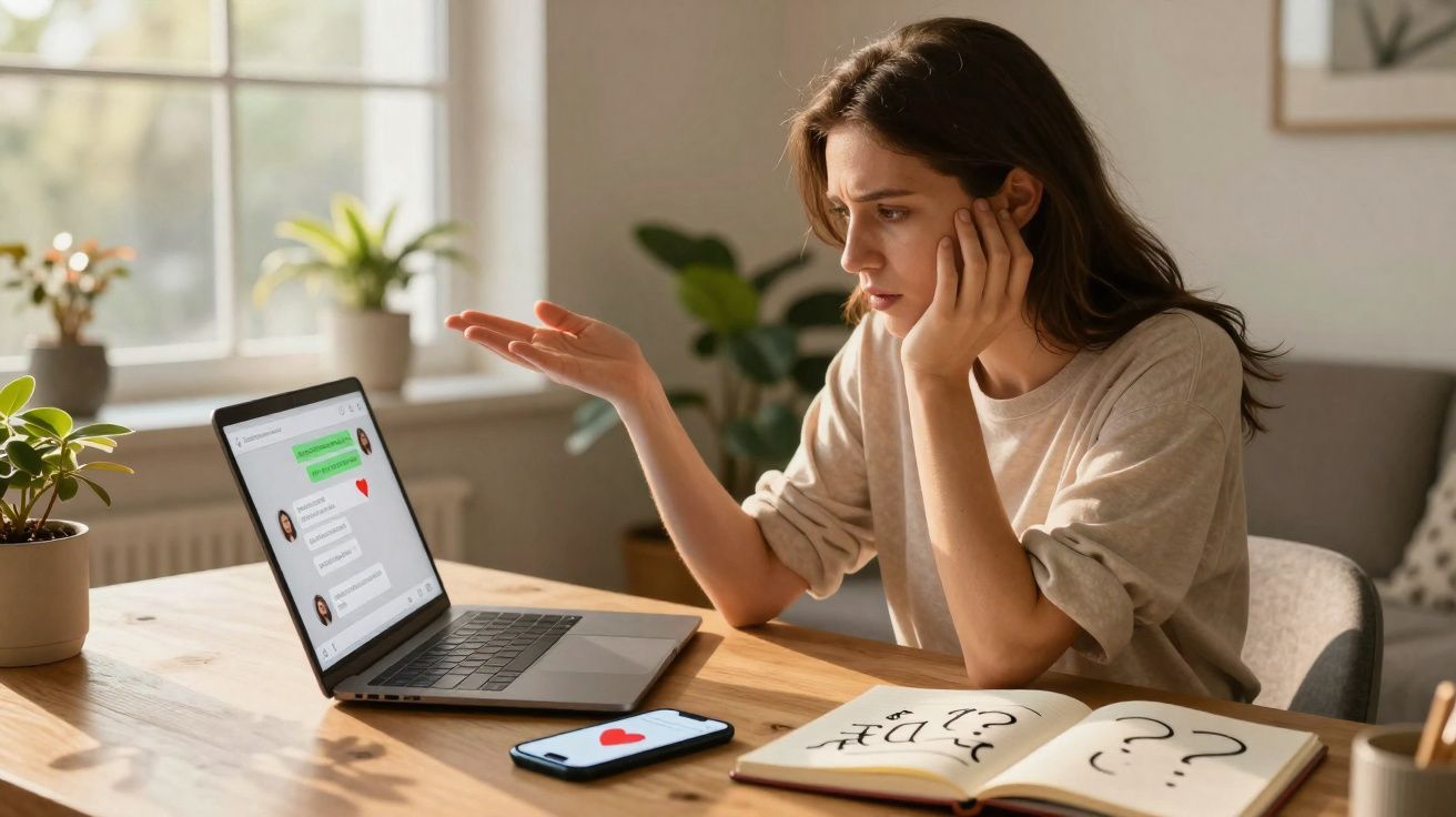 Mulher sentada a olhar frustrada para o ecrã do portátil com mensagens abertas e redes sociais no telemóvel.
