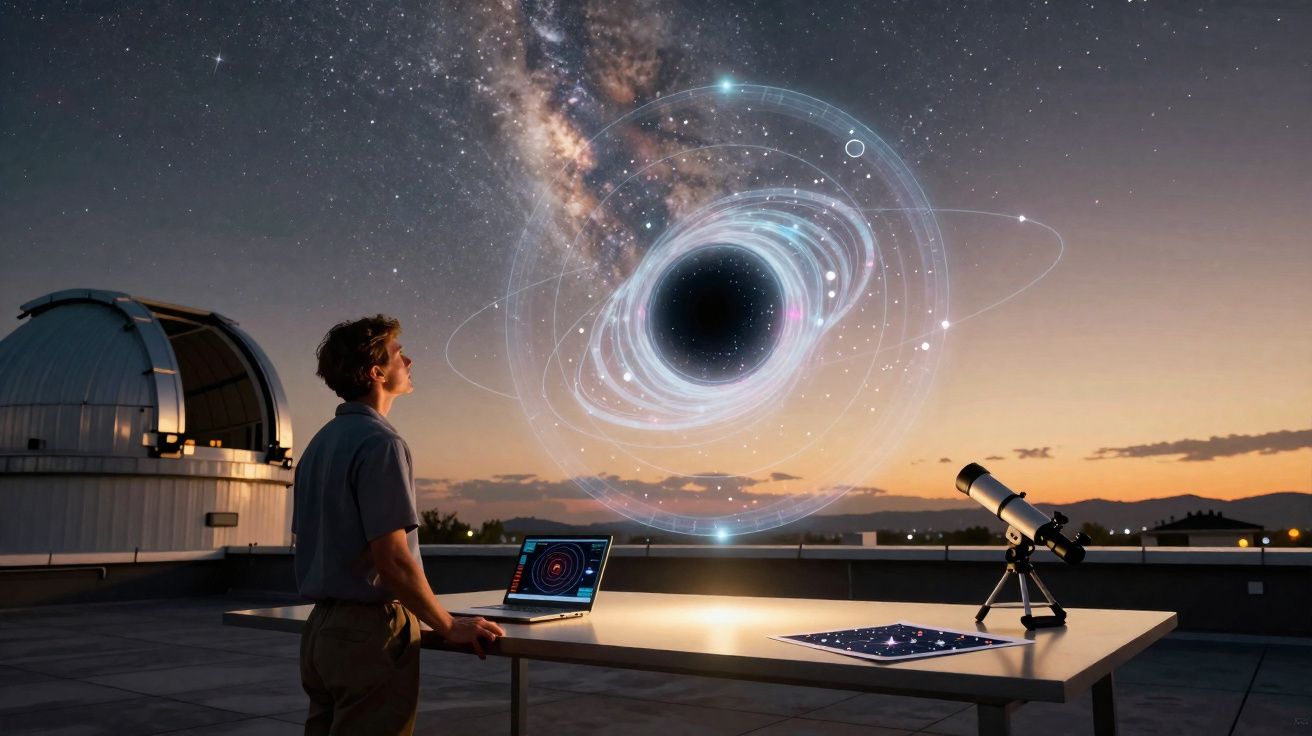 Homem observa holograma de buraco negro no céu noturno com computador e telescópio numa varanda científica.