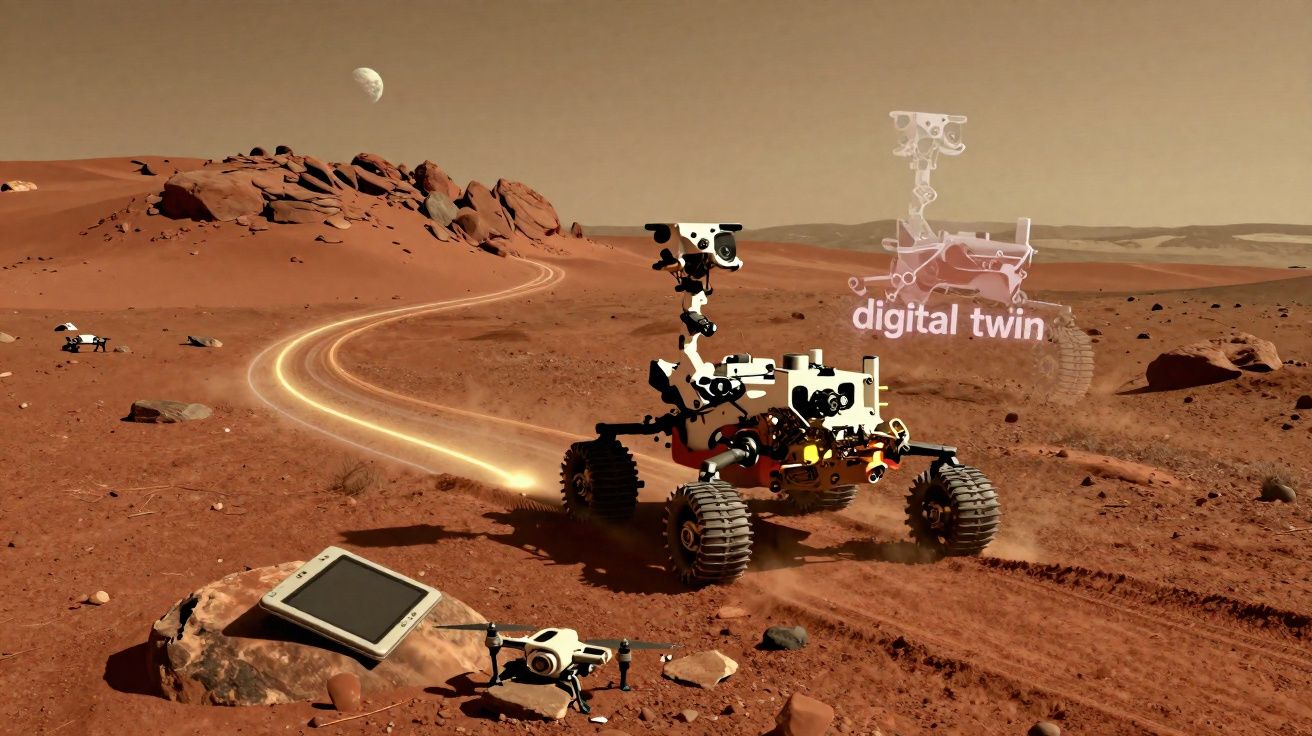 Rover explorando terreno marciano com traços digitais e a frase "digital twin" no céu.
