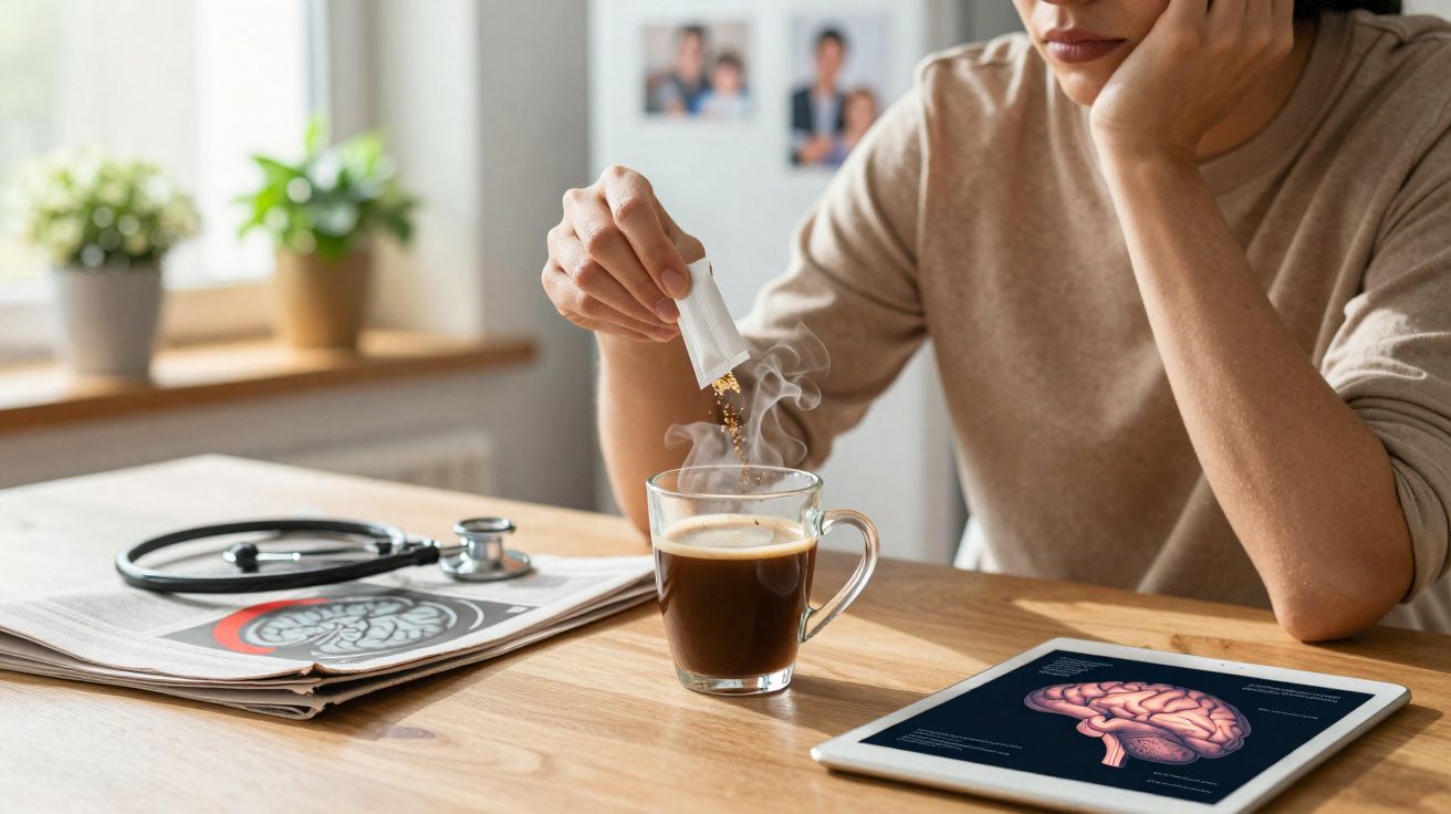 Pessoa a adoçar café com açúcar enquanto vê imagem de cérebro num tablet, com estetoscópio e jornal na mesa.