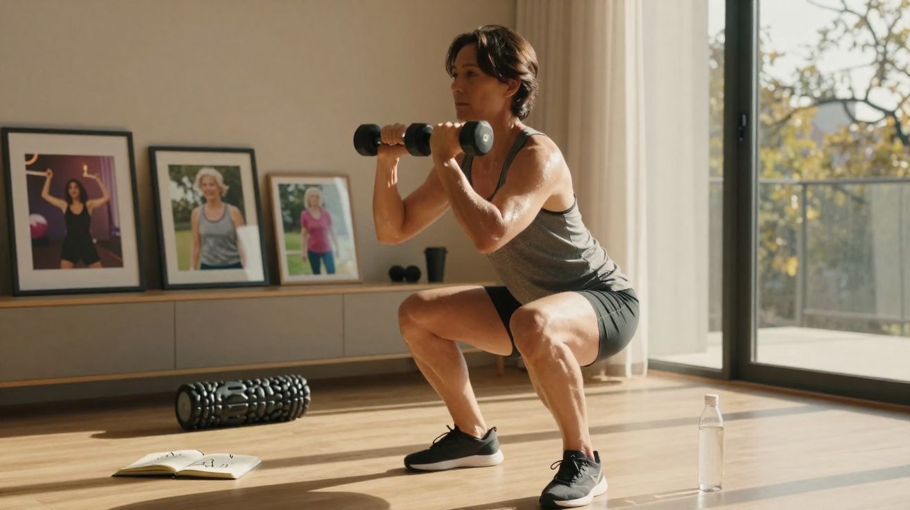 Mulher faz agachamento com halteres num espaço luminoso com livros, fotos e uma garrafa de água no chão.