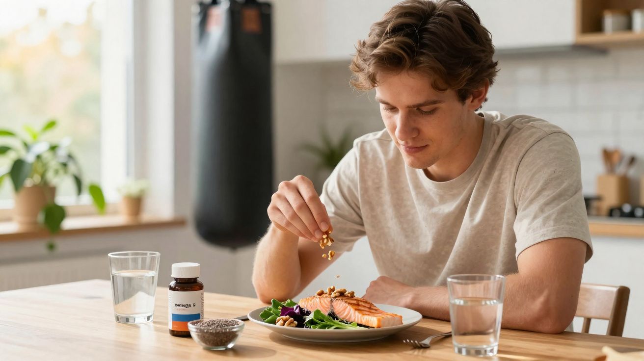 Homem jovem tempera salada com frutos secos junto a peça de salmão na cozinha.