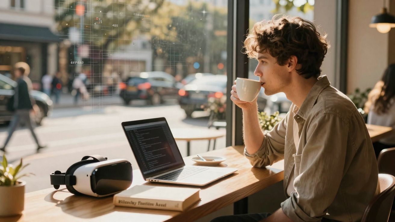 Jovem sentado numa cafetaria, a beber café, com portátil, livro e óculos de realidade virtual na mesa.