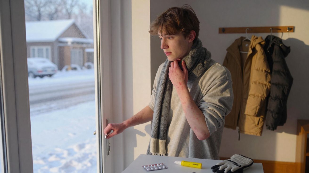 Jovem com cachecol junto à porta olhando para fora, mesa com medicamentos e luvas no interior com frio exterior.