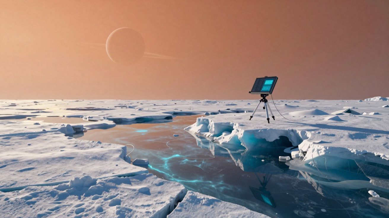 Paisagem gelada com gelo partido, água visível e equipamento tecnológico a recolher dados no gelo.