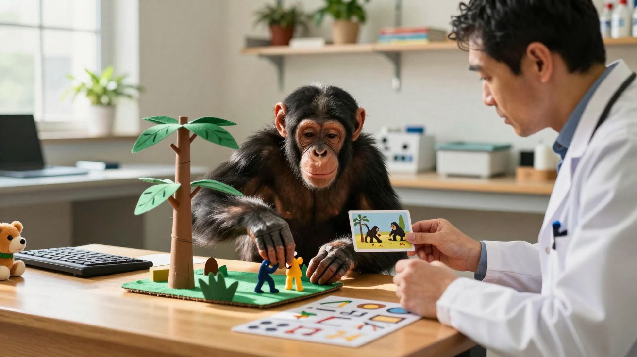 Chimpanzé a interagir com figuras de jogo enquanto cientista mostra imagem num laboratório.