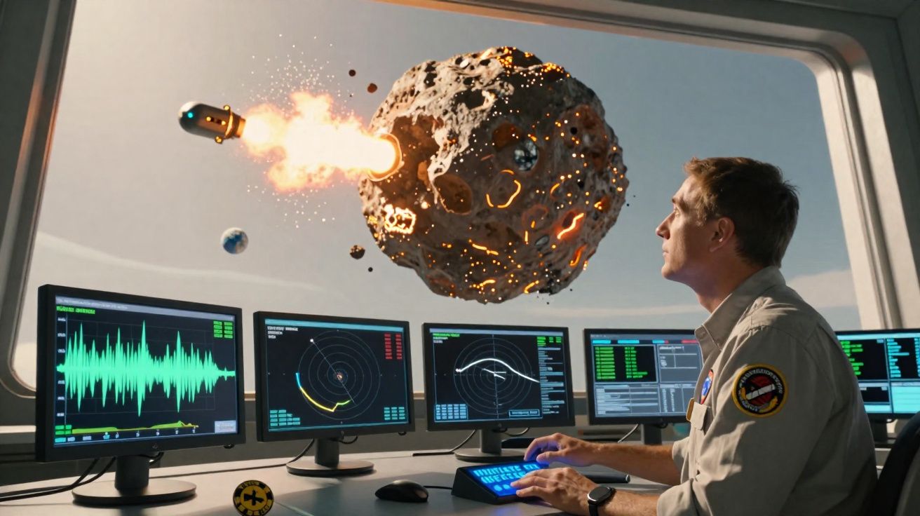 Homem numa estação espacial controla missão para destruir asteróide com projétil.