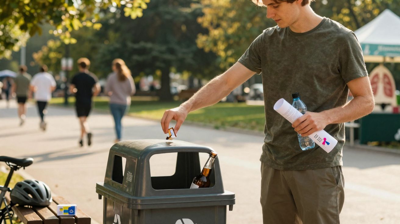 Homem a deitar embalagens de vidro no contentor de reciclagem num parque com pessoas a passar ao fundo.