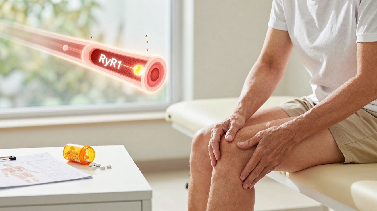 Pessoa a tocar o joelho com dor, comprimidos numa mesa e ilustração de fibra muscular com RyR1 em destaque.