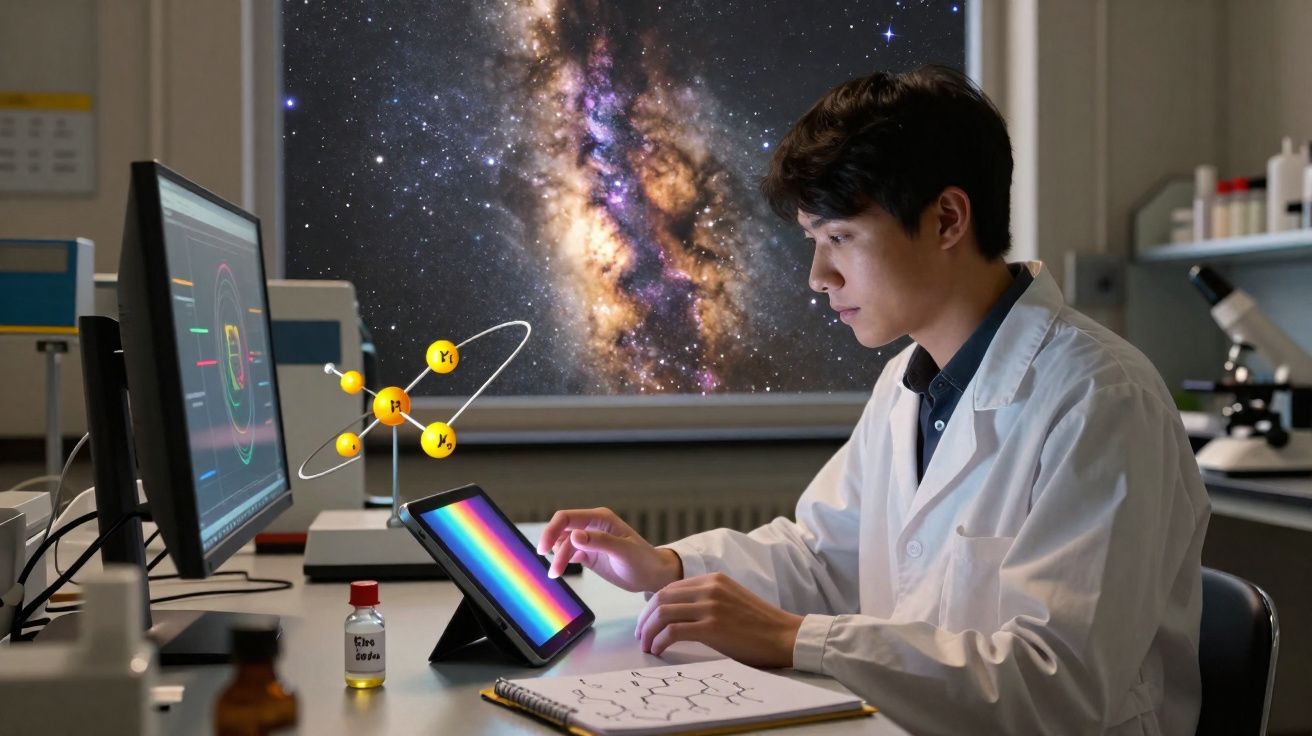 Cientista jovem em laboratório com tablet a mostrar espectro de cores e visualizações científicas na mesa.