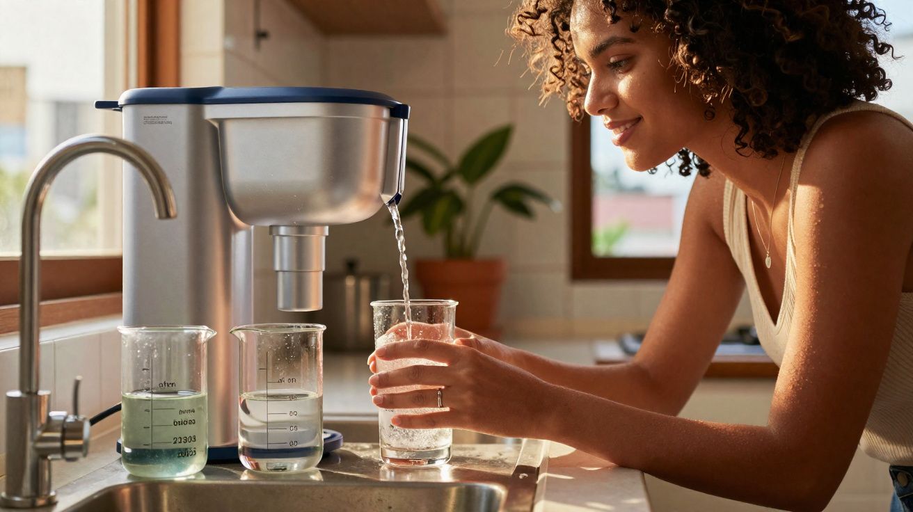 Mulher a encher copo com água clara numa cozinha junto a jarros medidores e torneira.