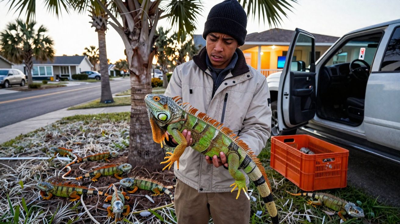 Homem com casaco cinza e gorro preto segura uma iguana verde perto de uma caixa laranja ao lado de uma viatura aberta.