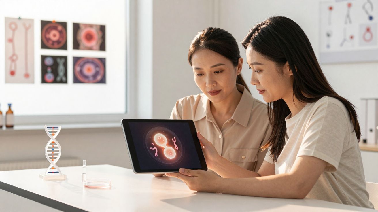 Duas mulheres a analisarem imagens de células num tablet num laboratório com modelos de ADN na mesa.