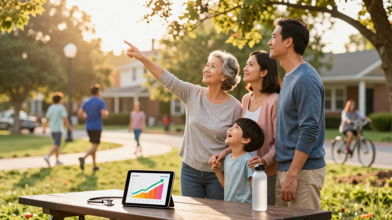 Família multigeracional observa e aponta para algo num parque, com gráfico num tablet na mesa.