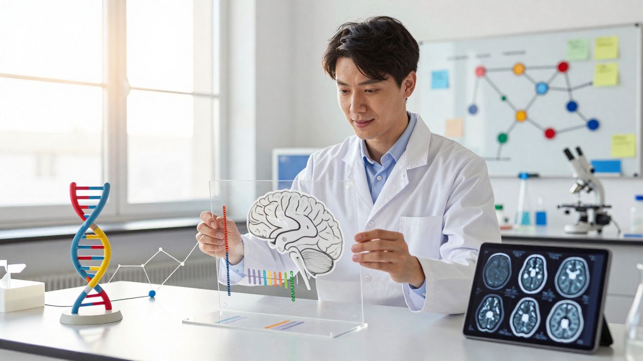 Cientista em laboratório a analisar modelo de cérebro com imagens de ressonância magnética e estrutura de ADN.