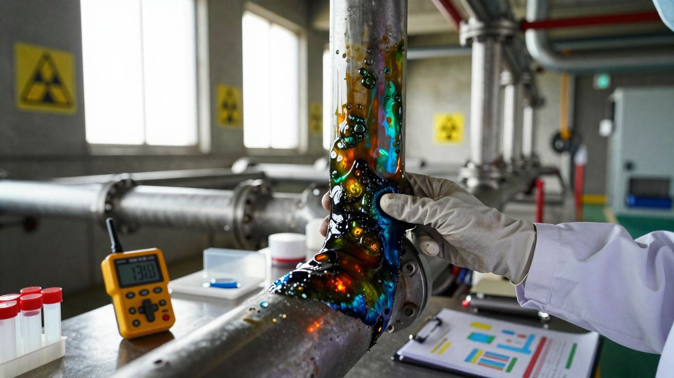 Técnico a inspeccionar tubagem metálica com líquido colorido e bolhas num laboratório industrial.