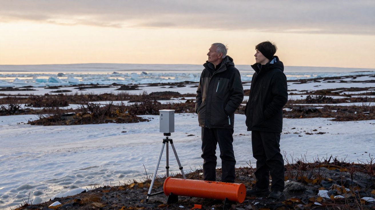 Dois homens com roupas de inverno observam a paisagem gelada com equipamento de pesquisa junto ao mar congelado.