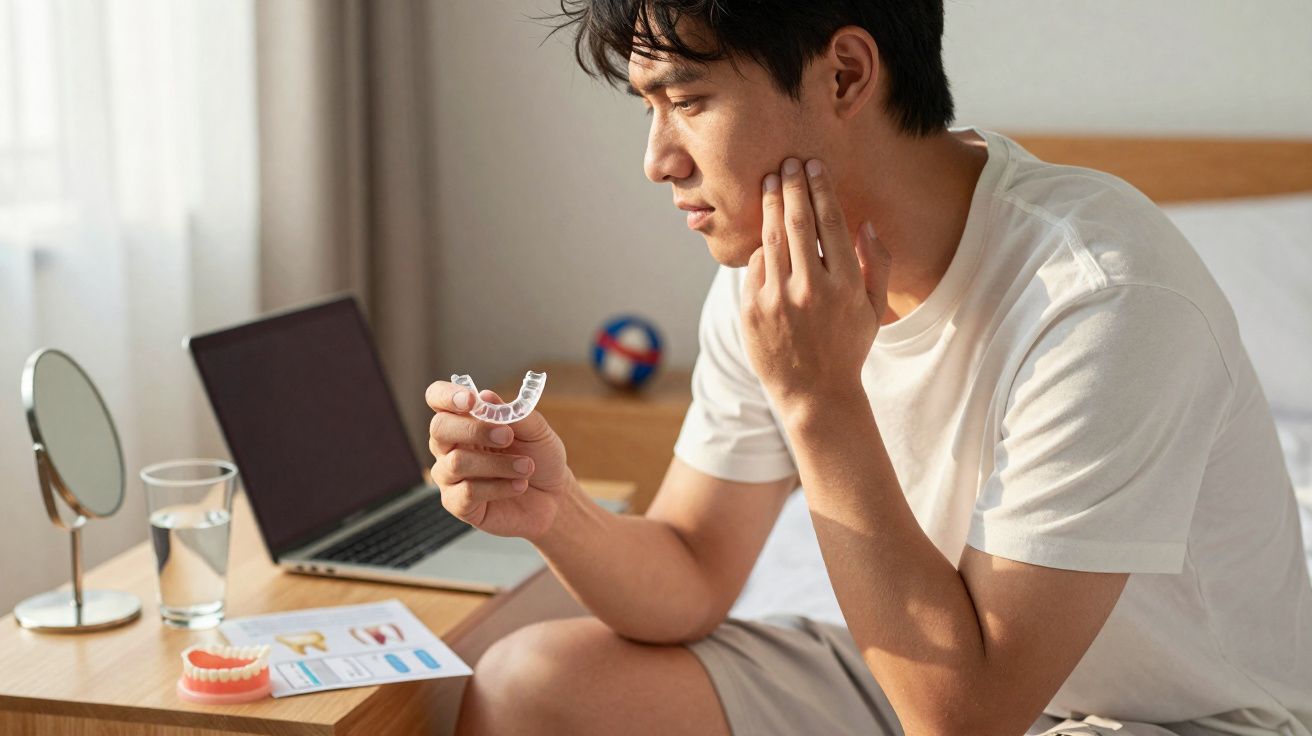 Homem sentado na cama a examinar um aparelho dentário removível, com laptop e espelho na mesa.