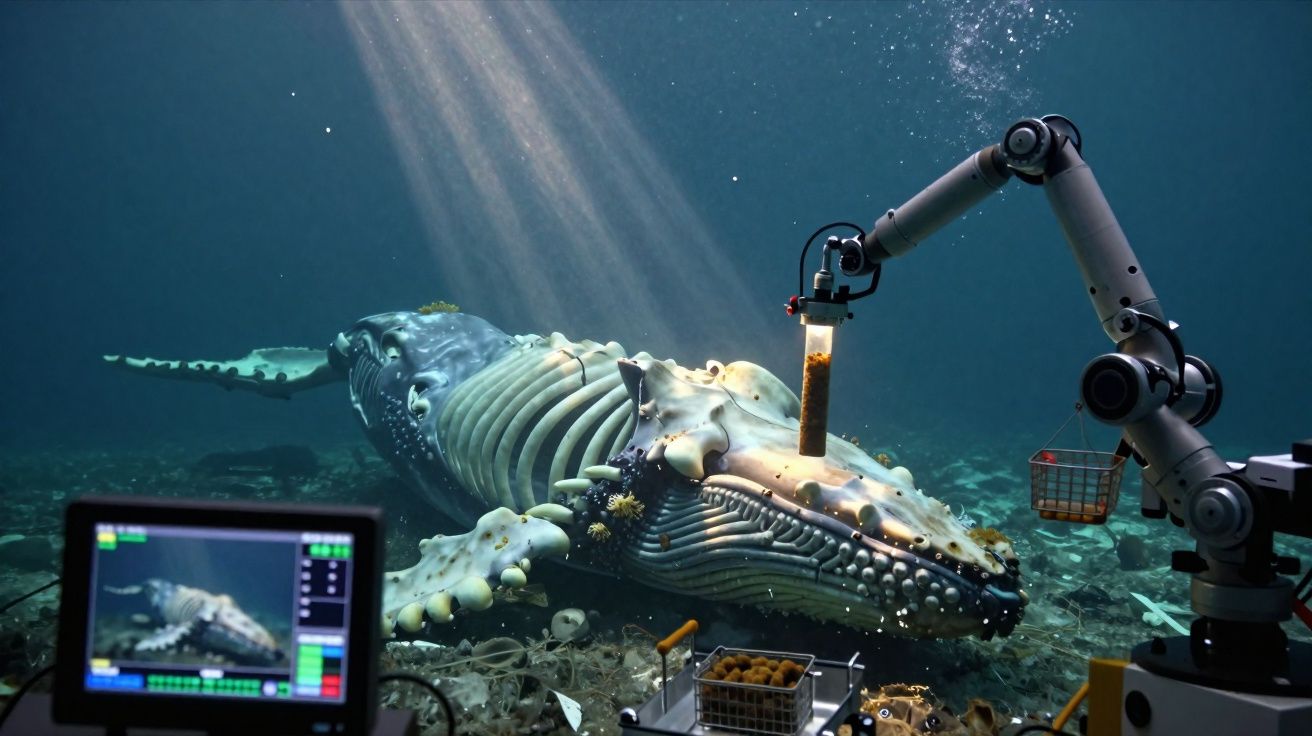 Mergulhador robotizado alimenta uma baleia-cadavre submersa para estudo científico no fundo do mar.