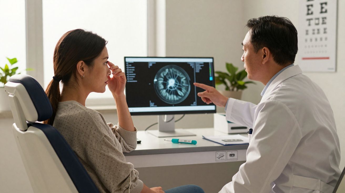 Médico explica exame ocular a paciente feminina numa consulta com ecra a mostrar imagem do olho.