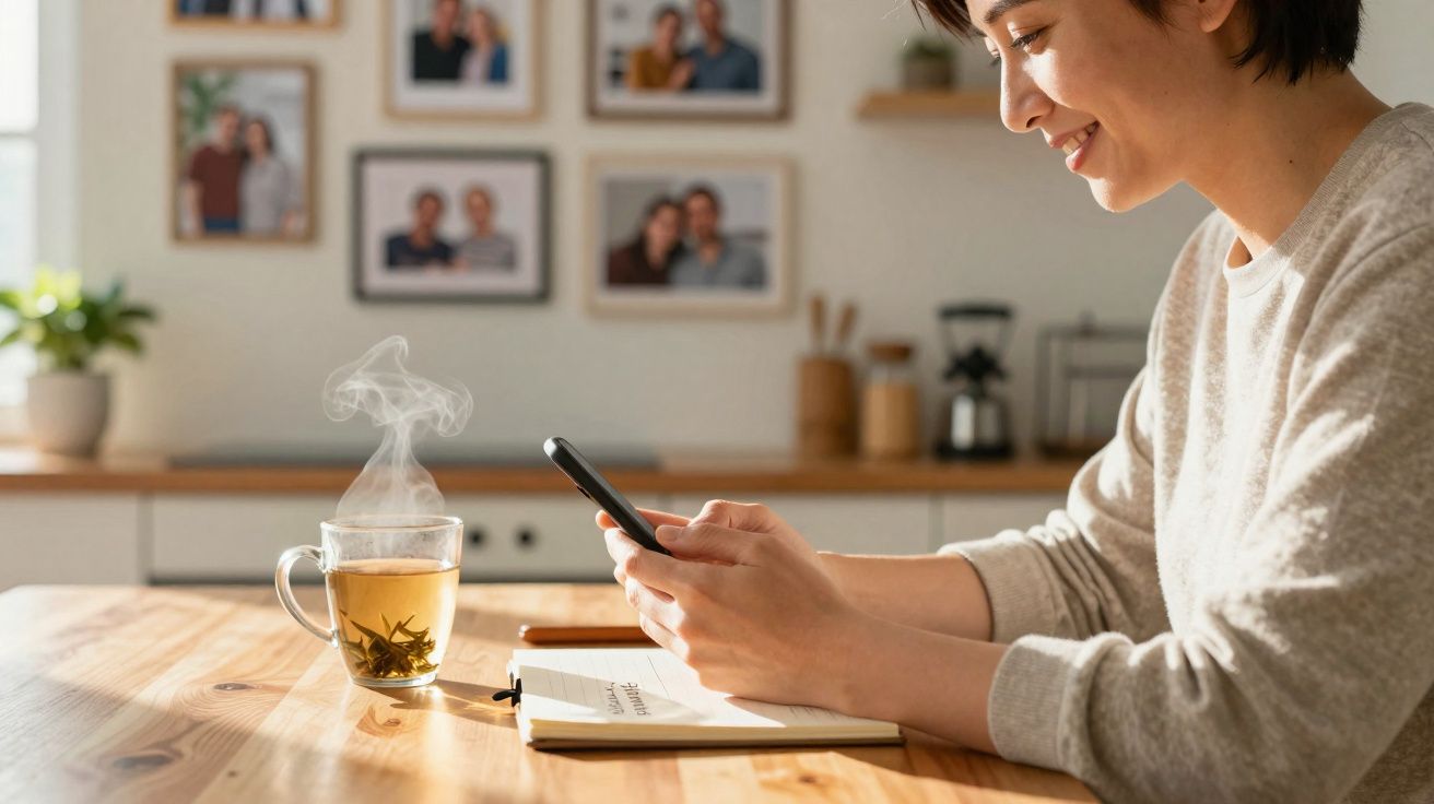 Mulher sorridente sentada à mesa, a olhar para o telemóvel com chá quente fumegante ao lado.