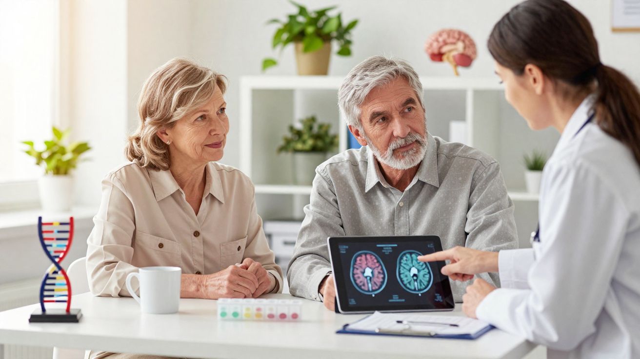 Doutora a explicar imagens cerebrais num tablet a casal idoso numa consulta médica moderna.