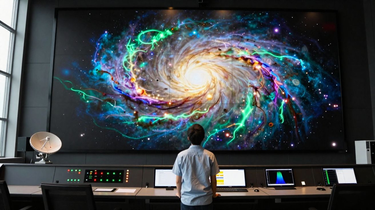 Pessoa observa imagem colorida de galáxia espiral num grande ecrã numa sala de controlo tecnológica.