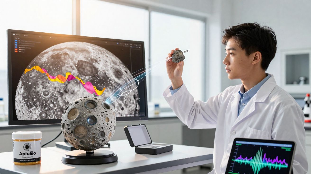 Cientista analisa modelo da lua e rochedo num laboratório com gráficos numa tela e computador.