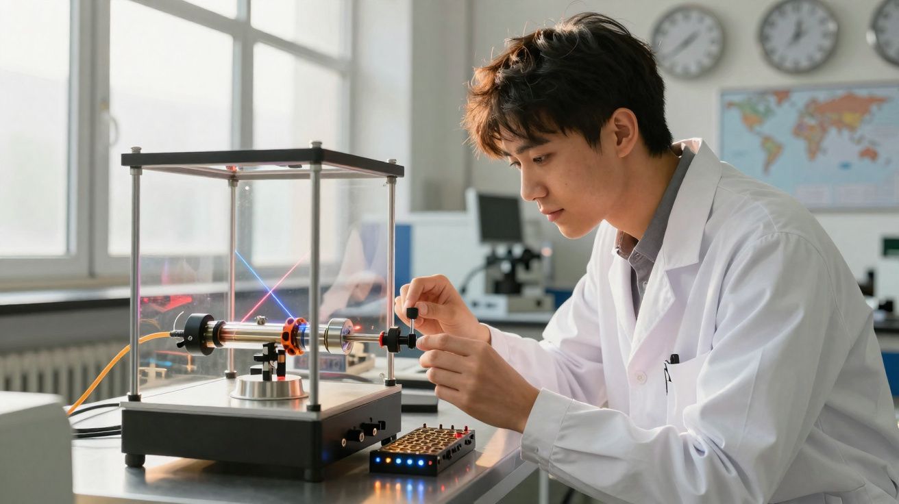 Jovem cientista a ajustar equipamento de laboratório com feixes de luz coloridos numa sala iluminada.