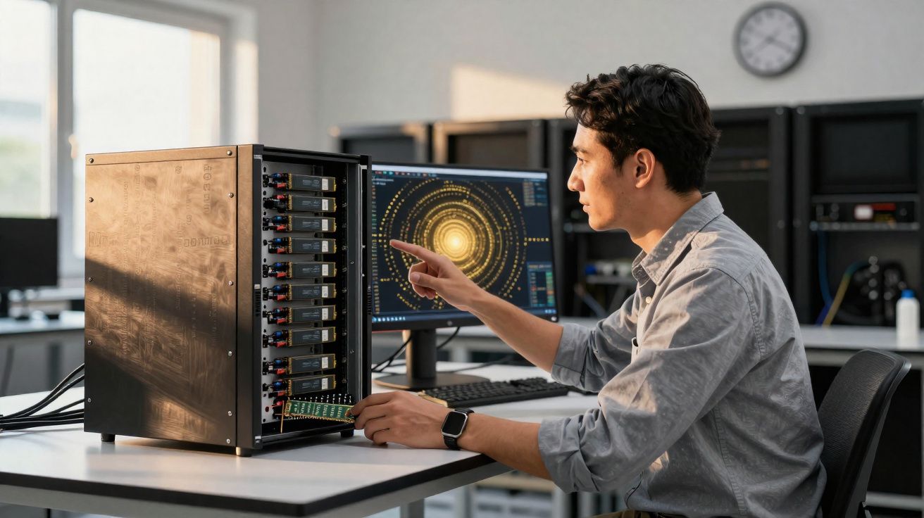 Homem a trabalhar num servidor informático num escritório moderno com monitor a mostrar gráficos digitais.