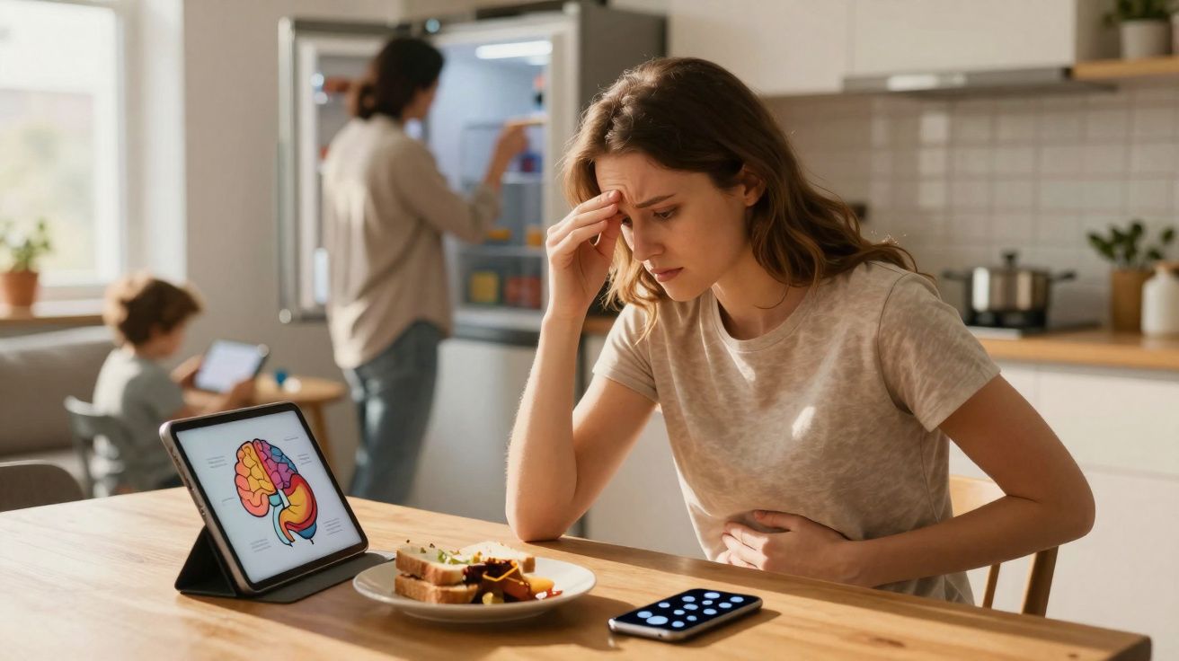 Mulher com dor abdominal sentada à mesa com comida e tablet a mostrar ilustração do sistema digestivo.