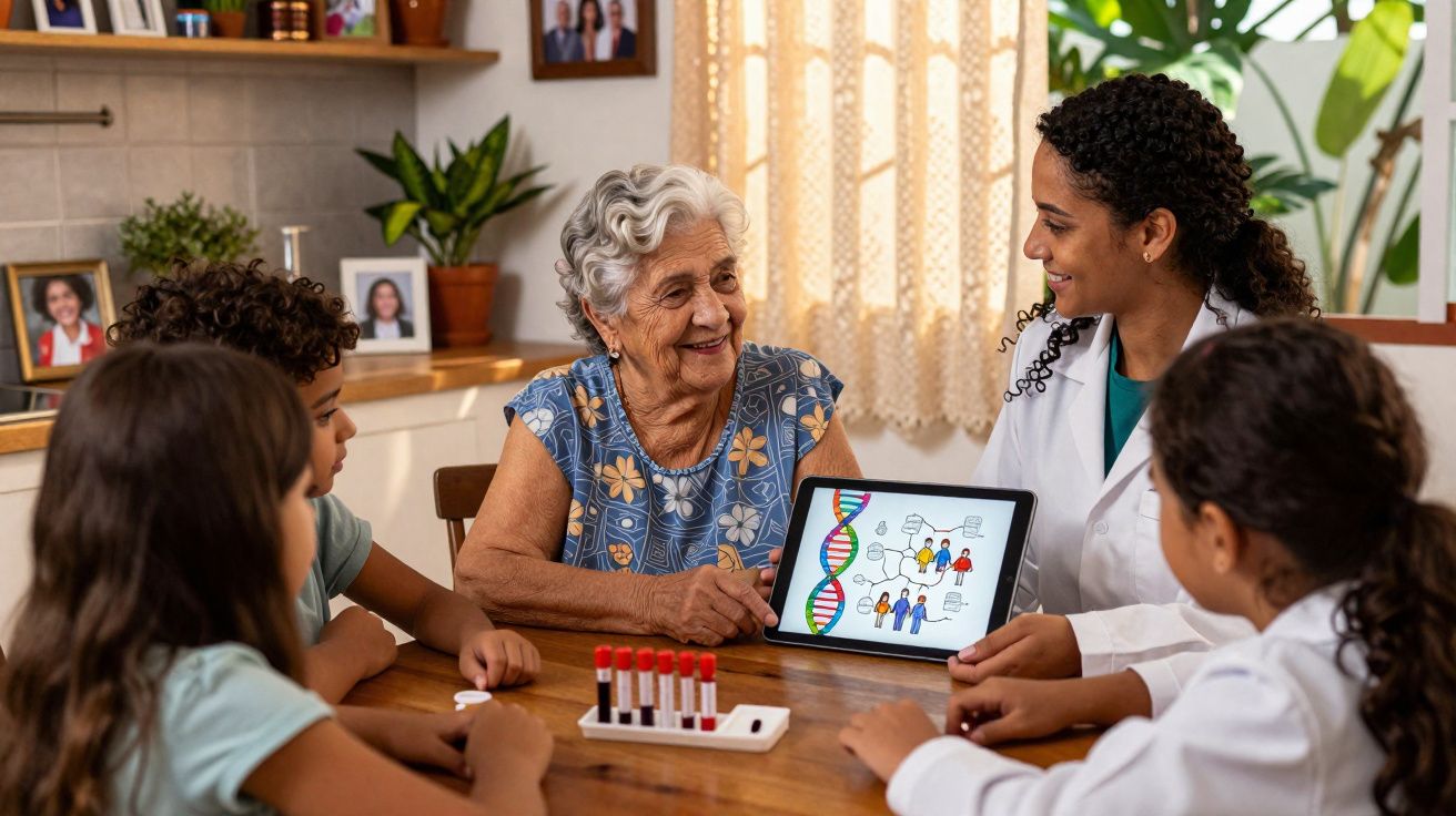Idosa conversa com médica e crianças sobre genética, enquanto observam desenho de ADN numa tablet.