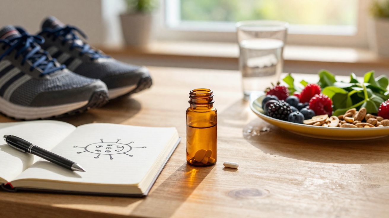 Mesa com ténis, caderno com desenho de vírus, frasco de comprimidos, prato de frutos e copo de água.