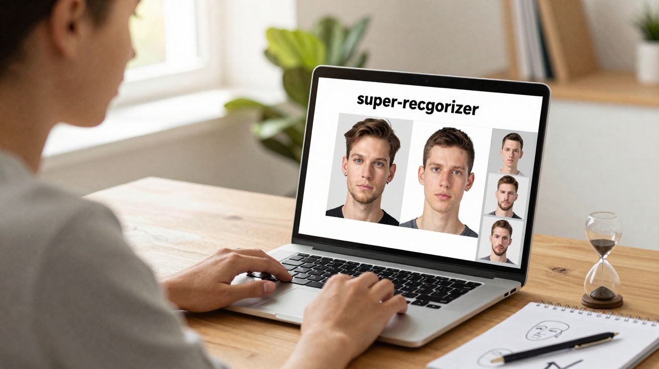 Pessoa a usar um computador portátil com programa de reconhecimento facial aberto em cima de mesa de madeira.