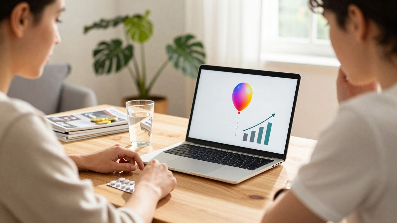 Duas pessoas sentadas à mesa a discutir gráficos de crescimento exibidos num portátil.
