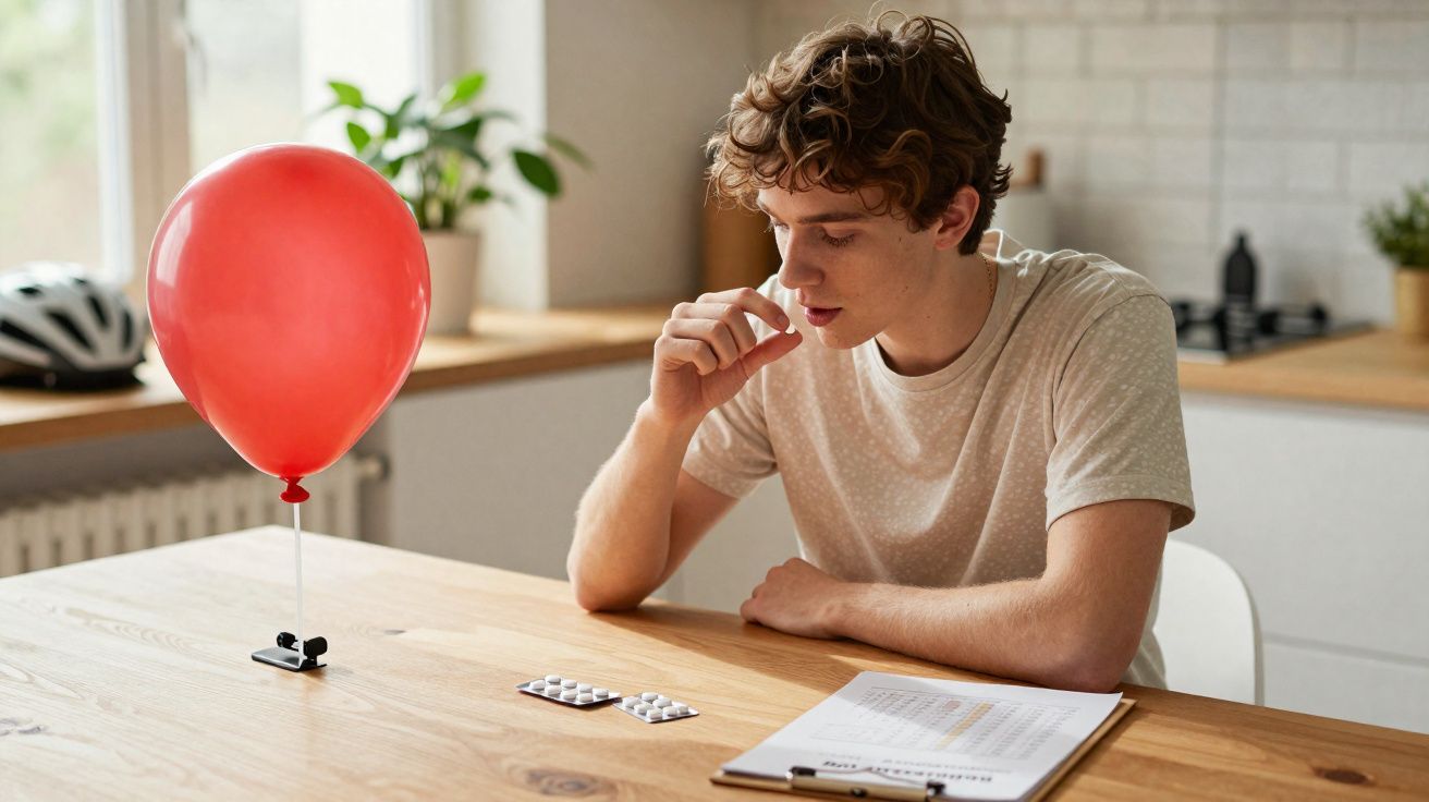 Jovem sentado à mesa a analisar comprimidos, com balão vermelho ao lado e clipboard com documentos.