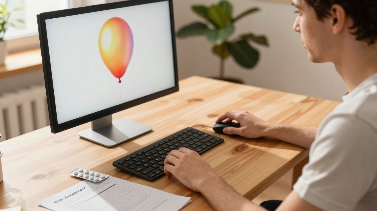 Homem a usar computador com imagem de balão na ecrã em ambiente de escritório.