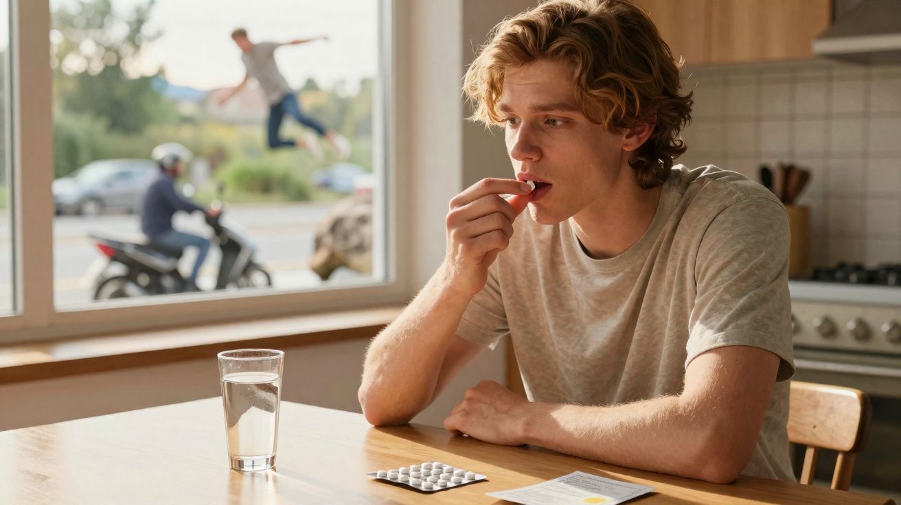 Homem jovem a tomar medicamento numa cozinha, com copo de água e blister de comprimidos à frente.