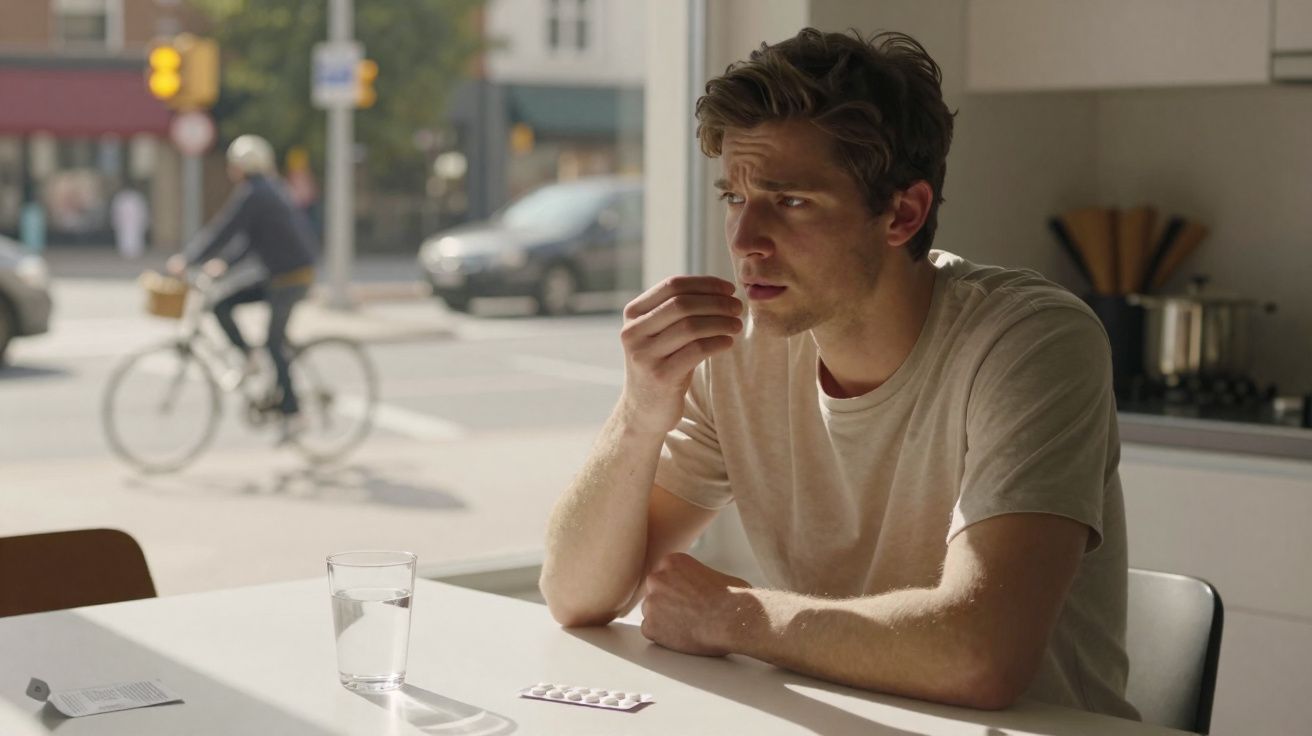 Homem jovem pensativo a segurar comprimido junto a vidro de água numa cozinha iluminada por janela.