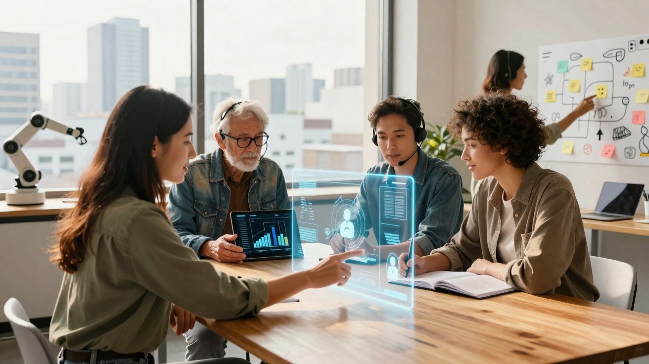 Grupo diversificado de pessoas em reunião de trabalho usando tecnologia holográfica numa sala moderna.