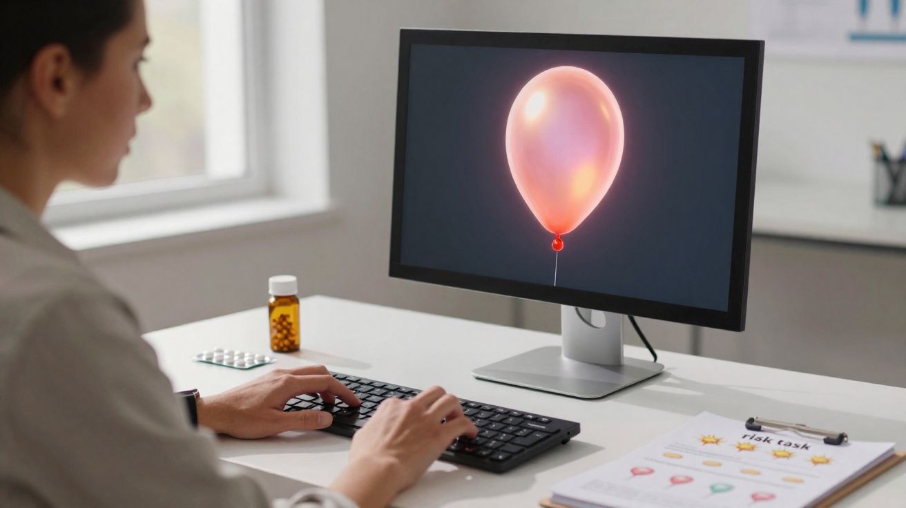 Pessoa a usar teclado de computador com balão vermelho numa tela e medicamentos numa secretária.