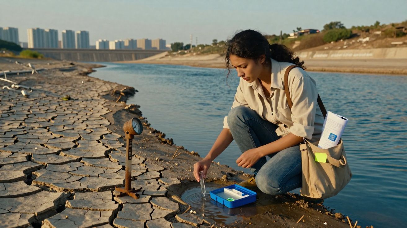 Mulher recolhe amostra de água num solo seco e rachado junto a um rio com edifícios ao fundo.