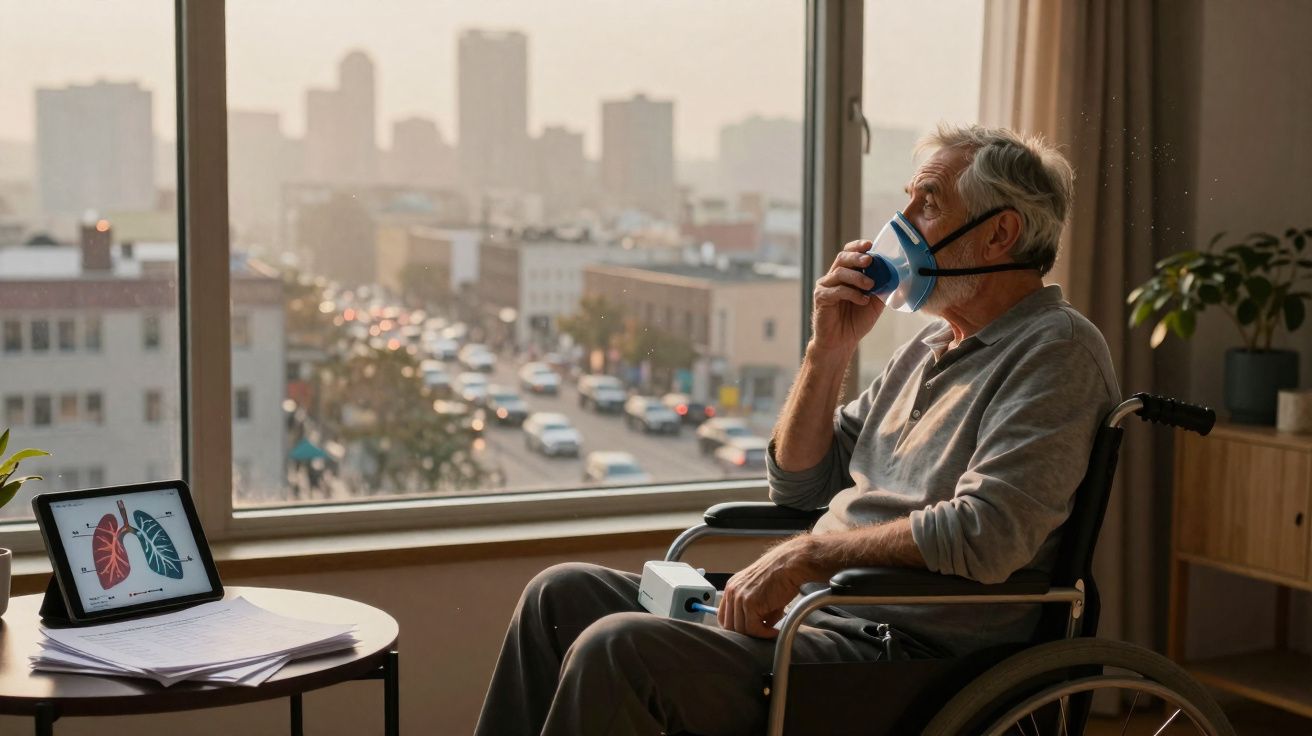 Homem idoso em cadeira de rodas usa aparelho respiratório enquanto observa cidade através da janela.