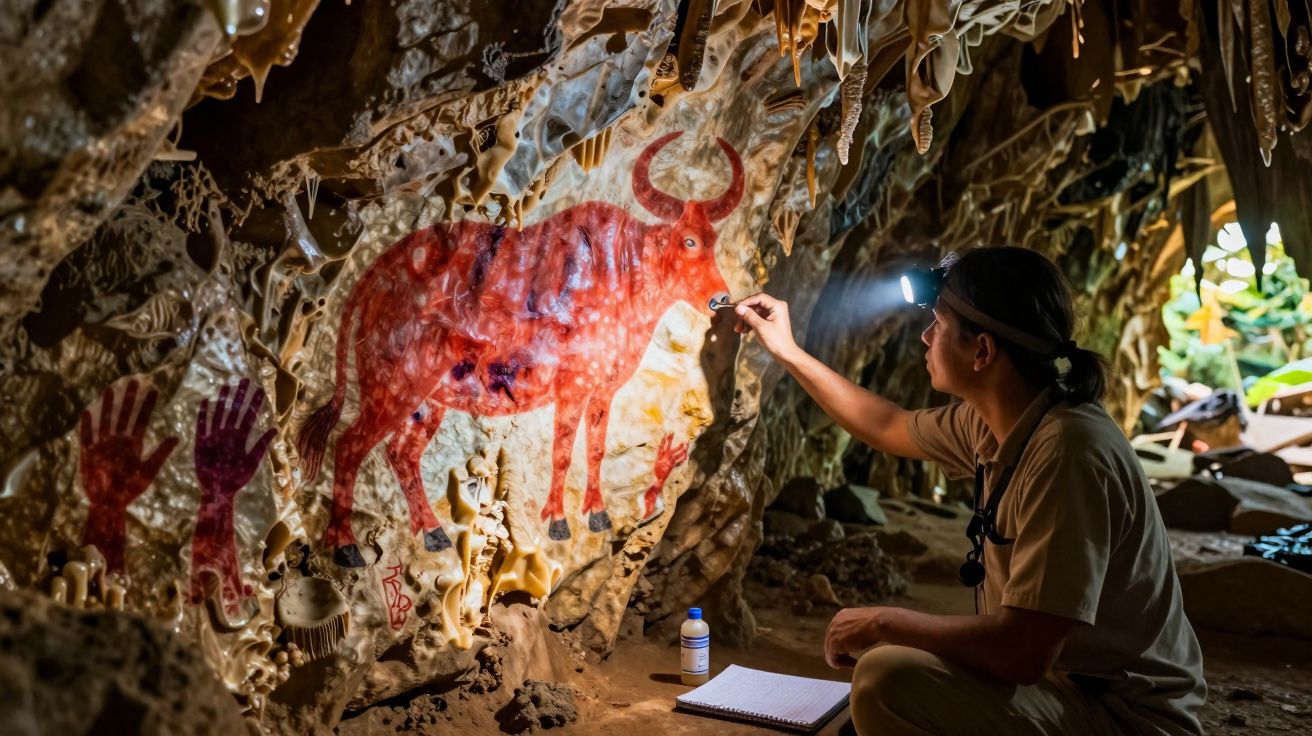 Explorador analisa pintura rupestre vermelha de búfalo numa caverna com lampião de cabeça e caderno.