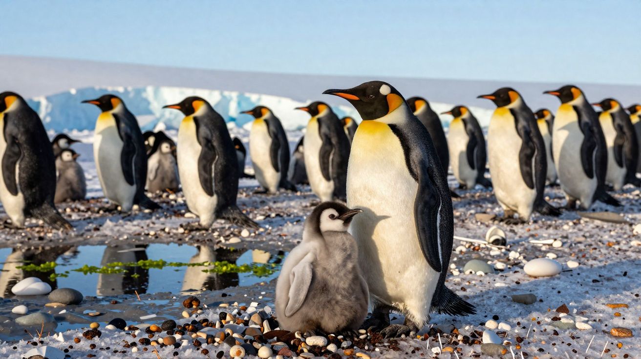 Colónia de pinguins rei com filhotes sobre pedras e gelo, ao fundo glaciar azul.