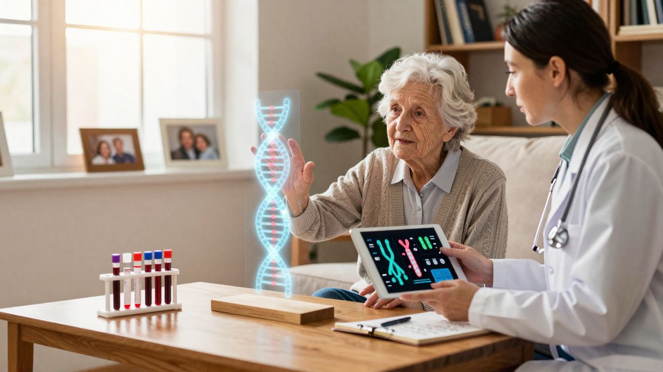 Idosa a consultar resultados genéticos em holograma com médica que segura tablet numa sala acolhedora.