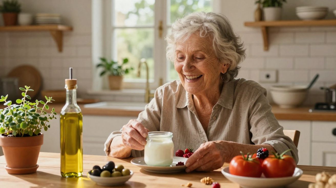Idosa sorridente sentada à mesa com iogurte, frutas, legumes e azeite numa cozinha luminosa.