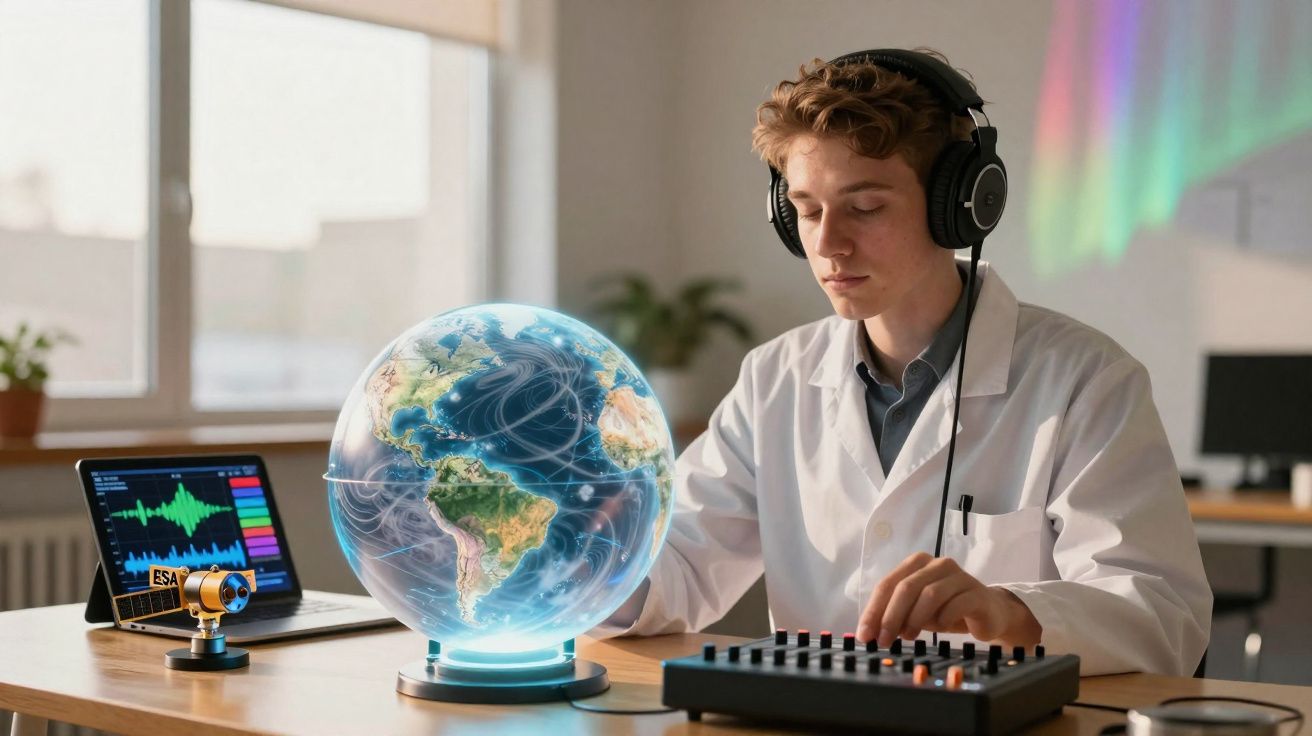 Jovem cientista com auscultadores e bata branca analisa dados e som junto a globo iluminado numa mesa.